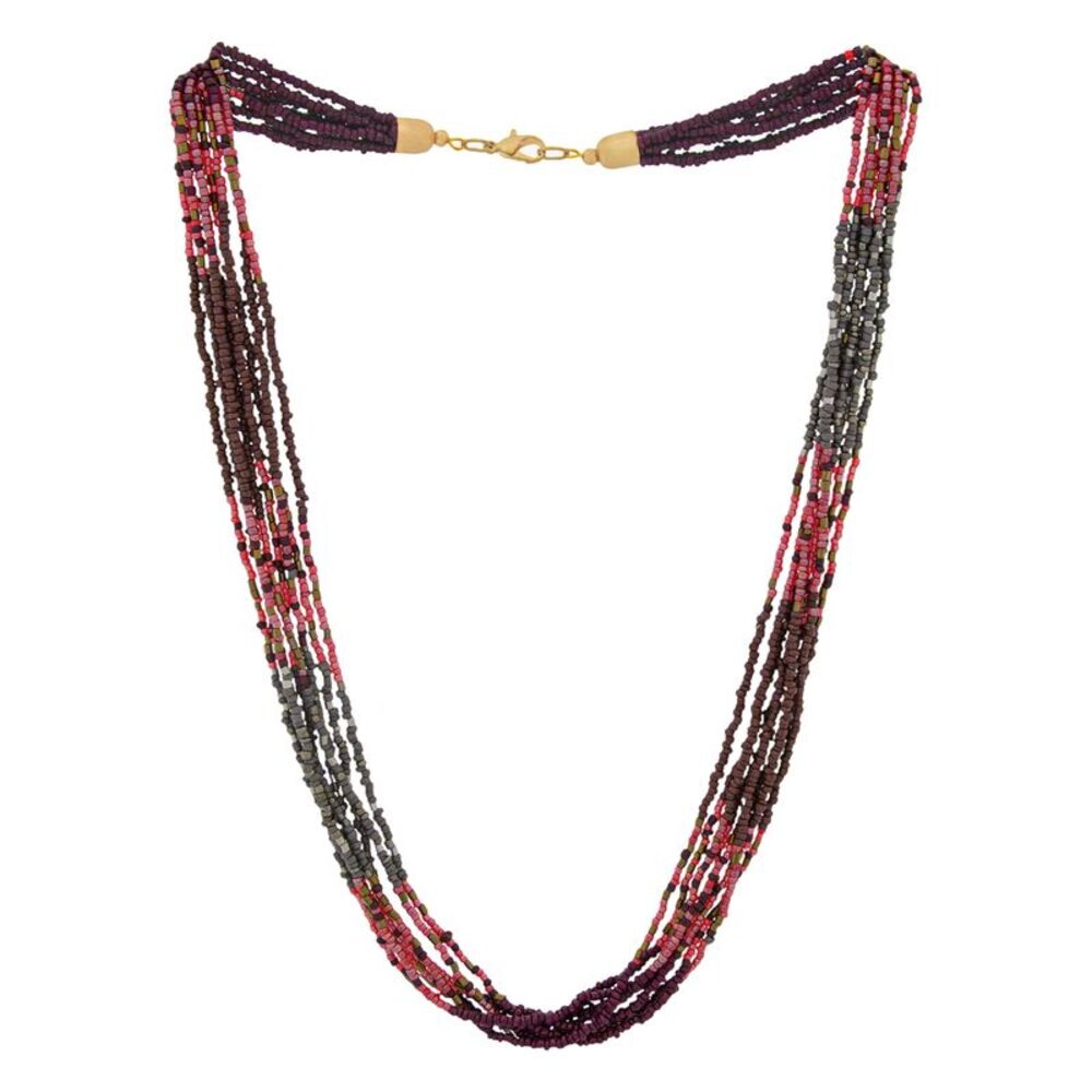 Multi-Strand Beaded Statement Necklace in Shades of Red, Grey, Brown and Gold